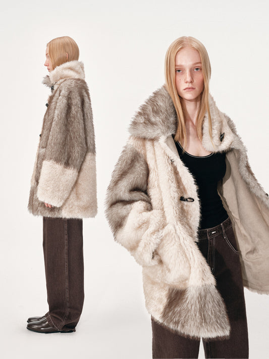 Mid-Length Color-Block Fur Coat