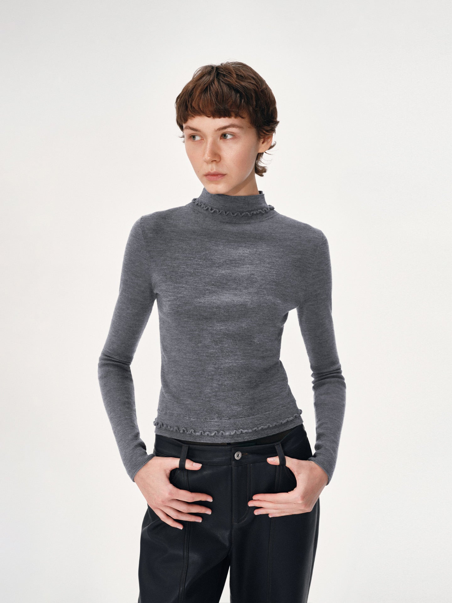 High-Neck Sweater with Ruffle Trim