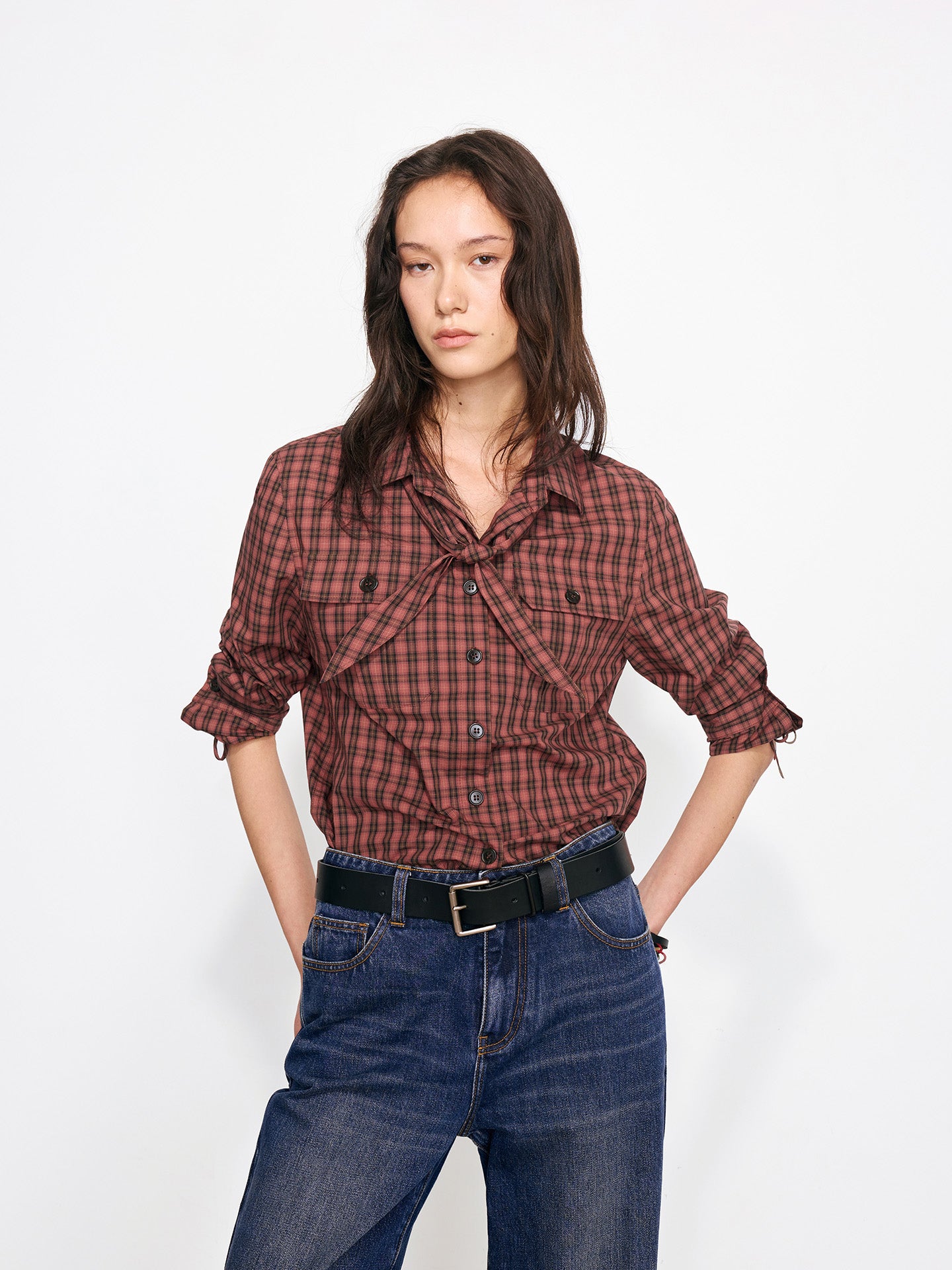 Work Plaid Shirt with Detachable Bow Tie