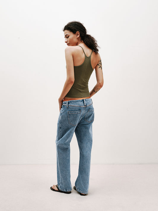 Light Blue Washed Contrast-Stitch Stretch Crop Jeans