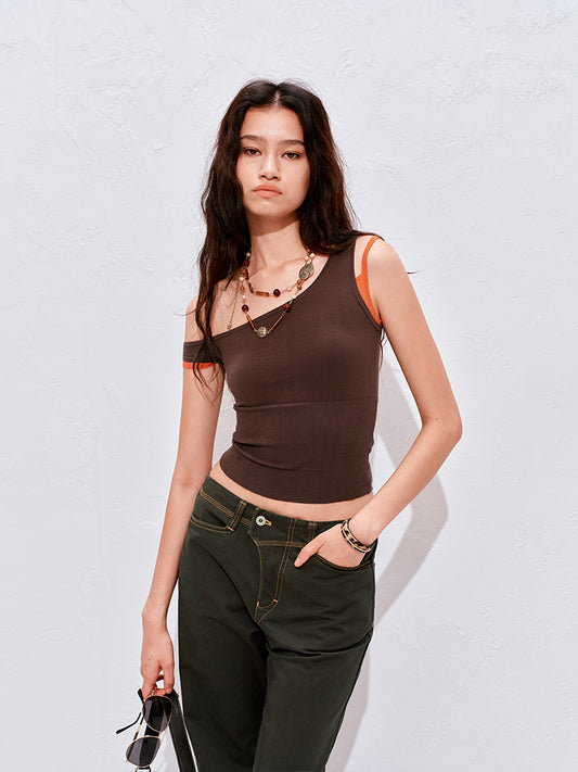 Asymmetric Off-Shoulder Color-Block Layered Tank