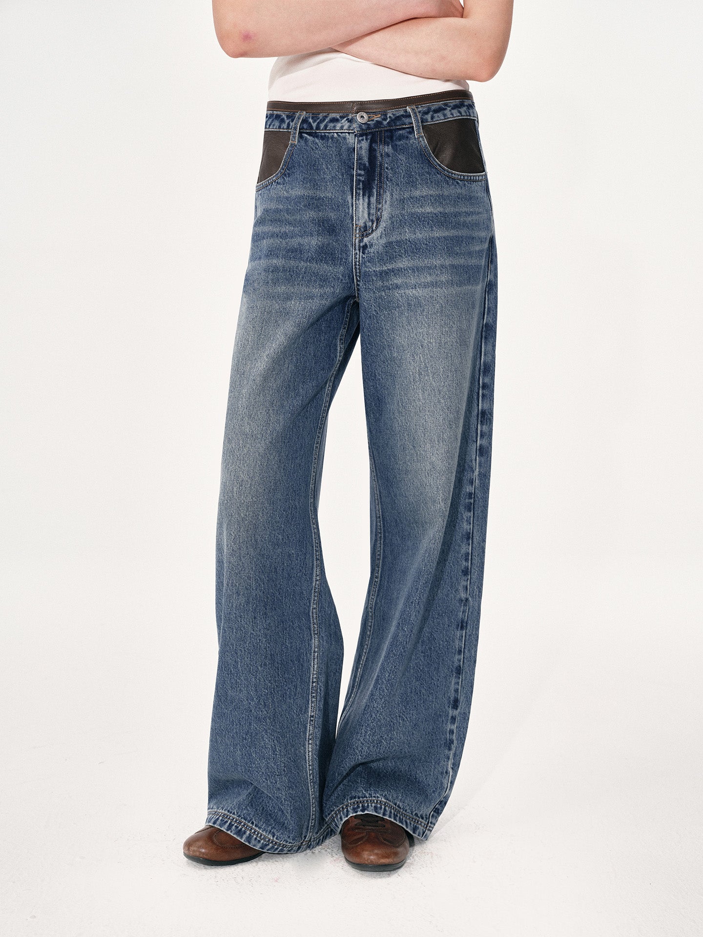 Wide-Leg Jeans with Leather Panels