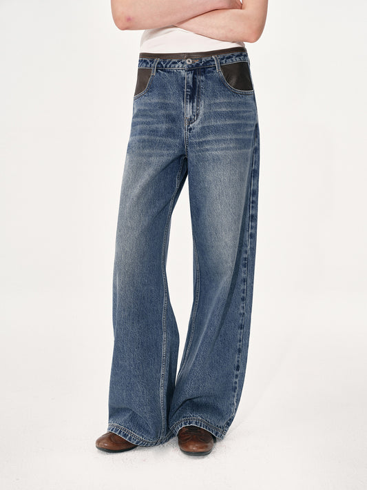 Wide-Leg Jeans with Leather Panels