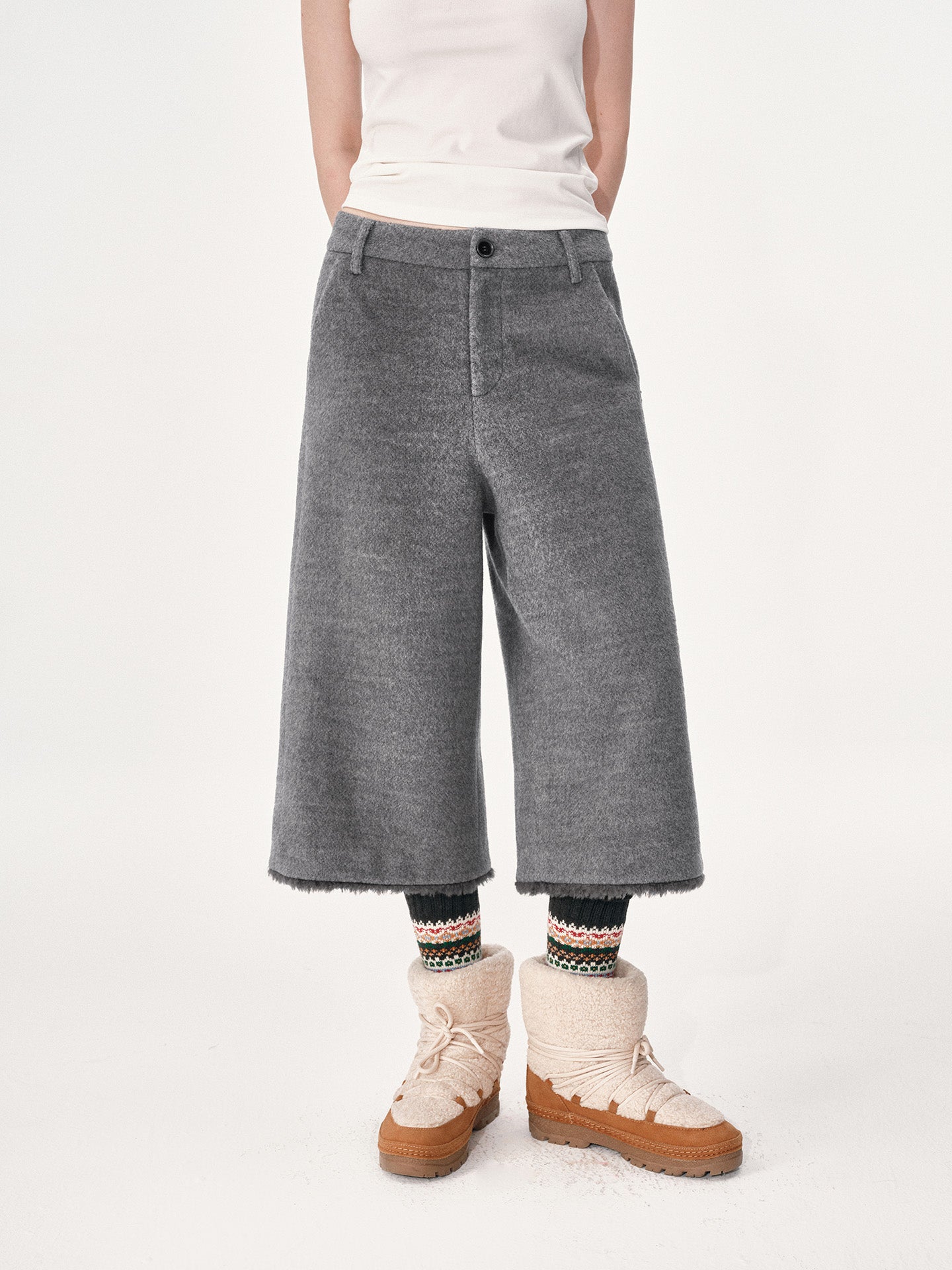 Fur-Paneled Woolen Cropped Trousers