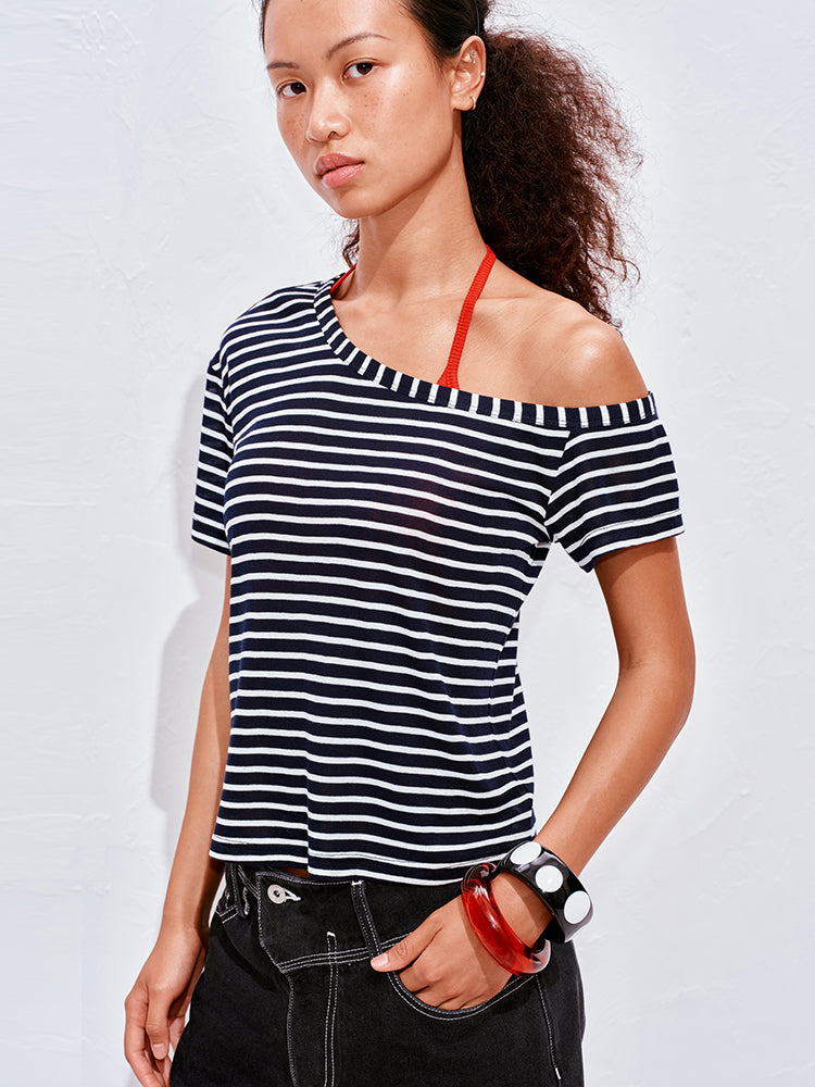 Striped one-shoulder T-shirt