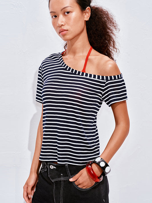 Striped one-shoulder T-shirt