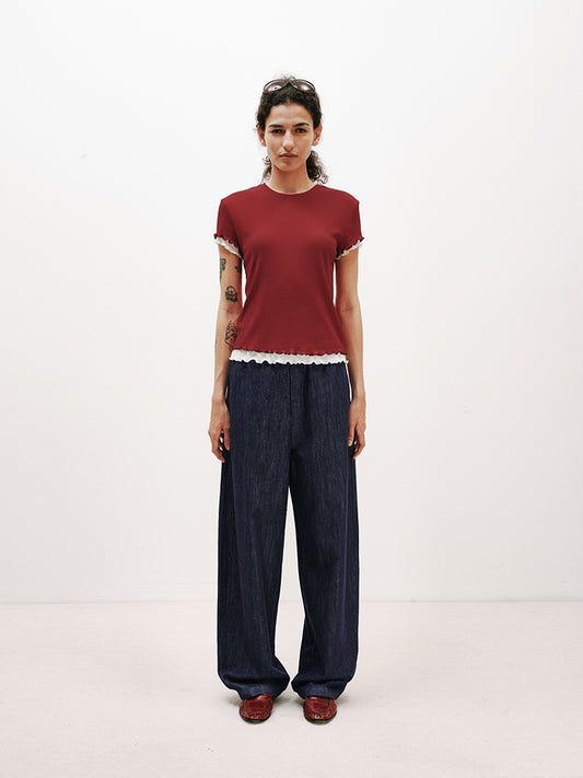 Double-Layer Contrast Wavy-Edge Short-Sleeve T-Shirt