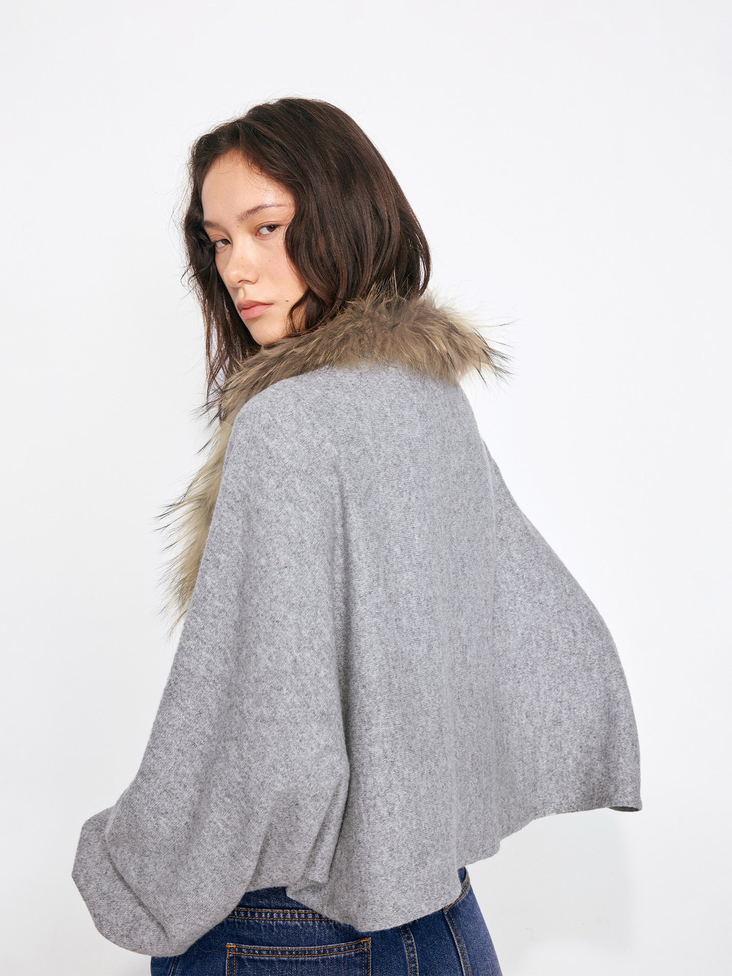 Detachable Real Fur Collar Shawl Coat