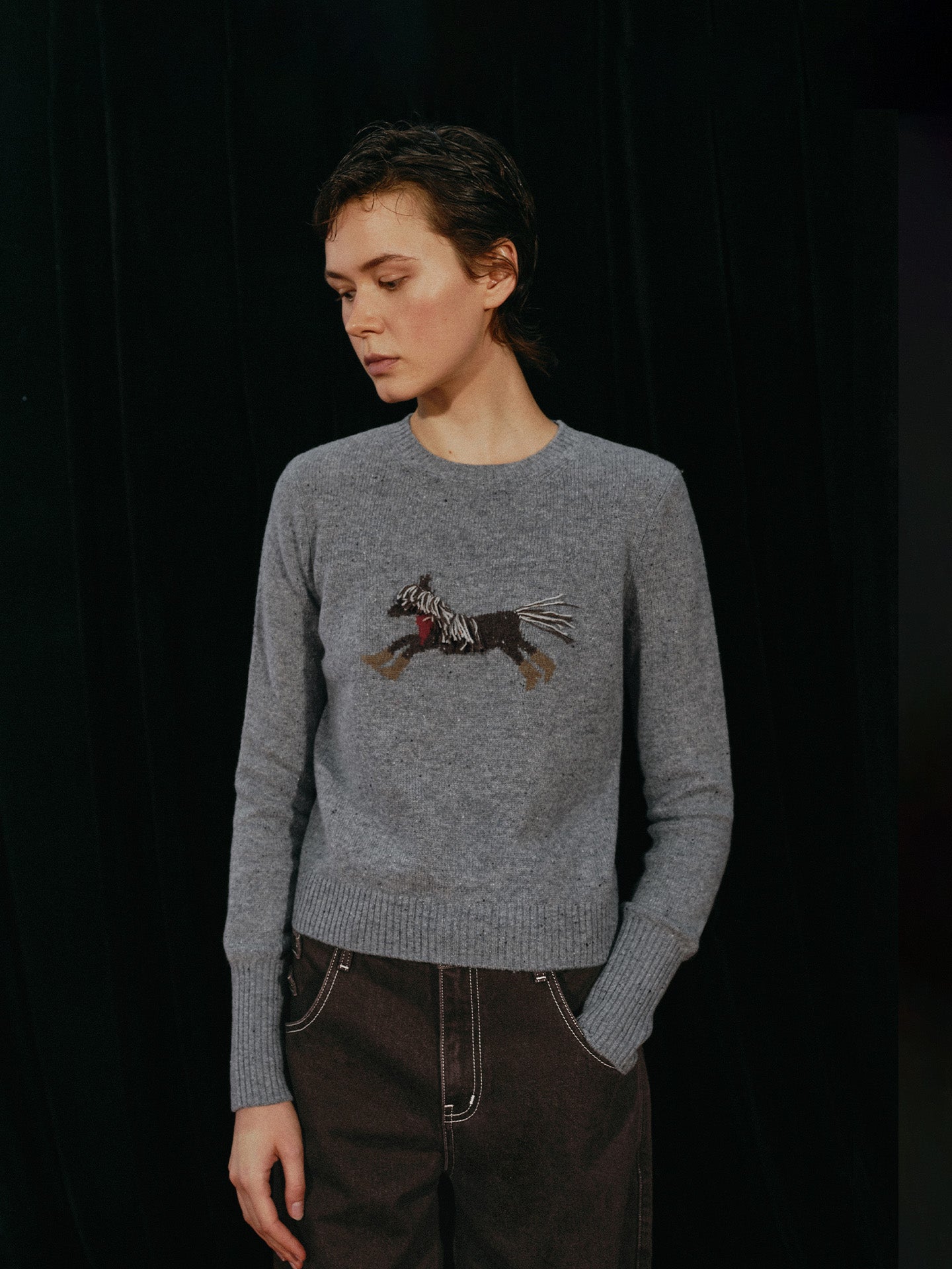 Pony Print Crewneck Sweater with Fringe