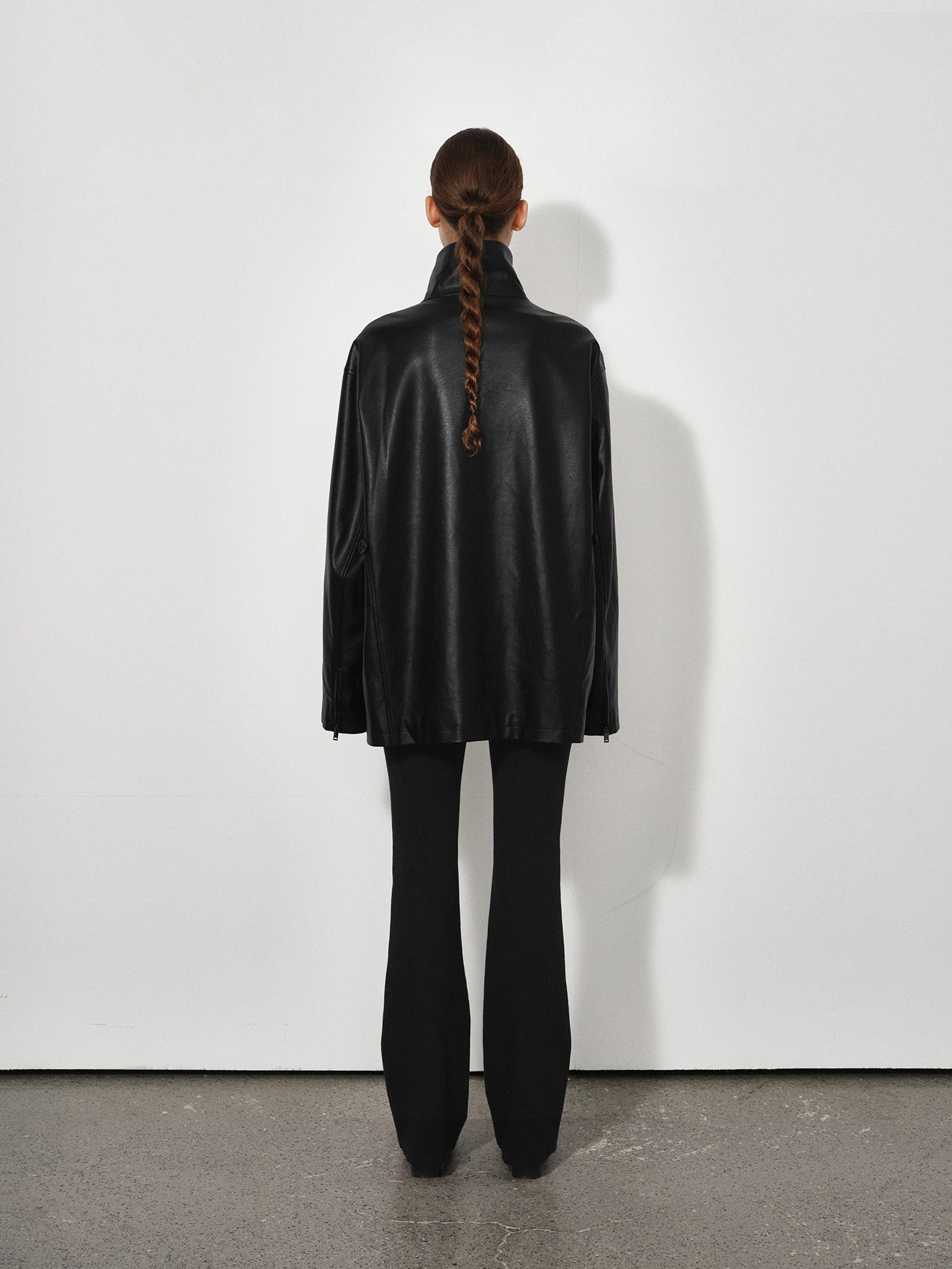 Loose Funnel-Neck Leather Jacket