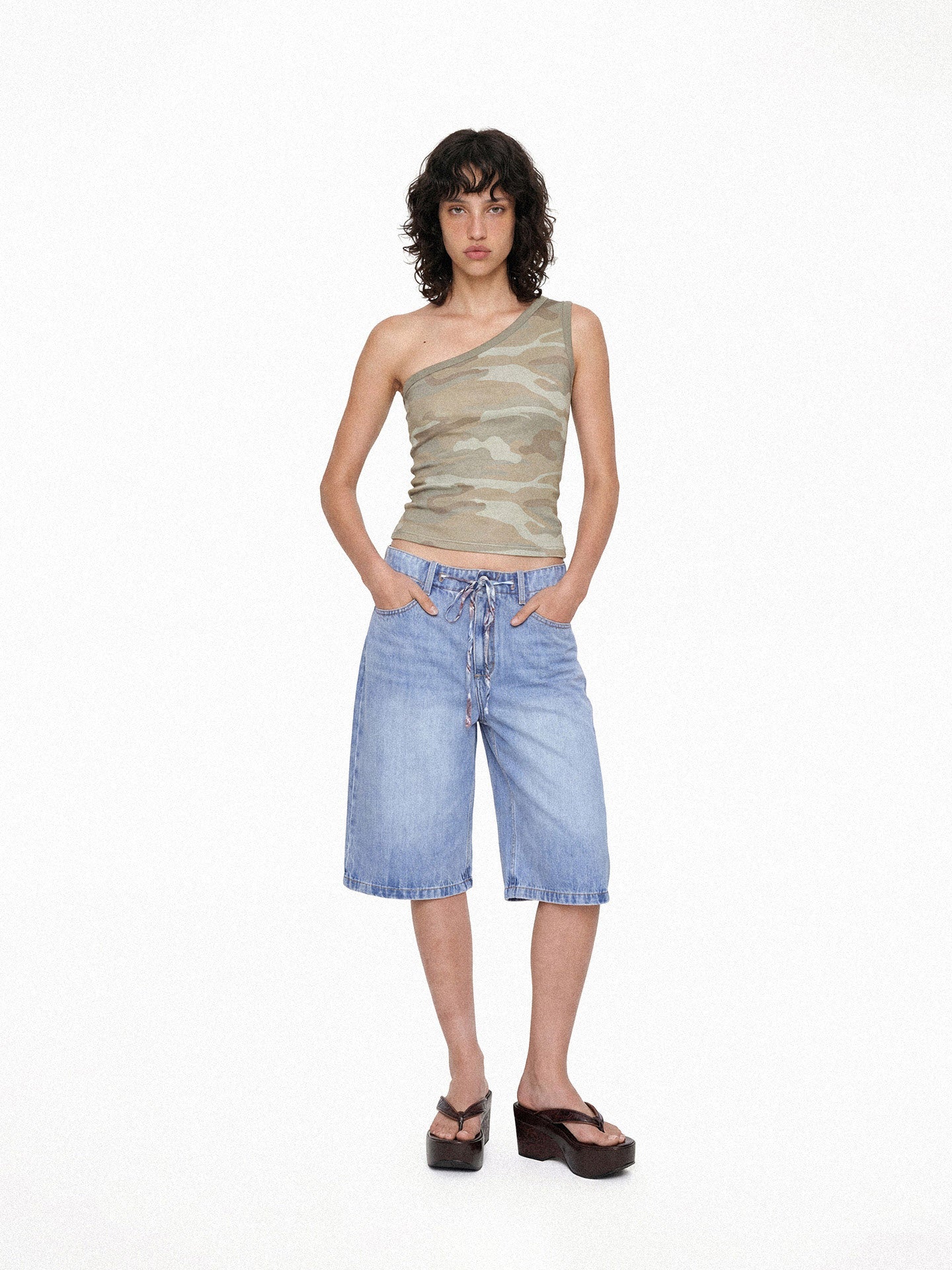 Plaid Panel Denim Knee-Length Shorts