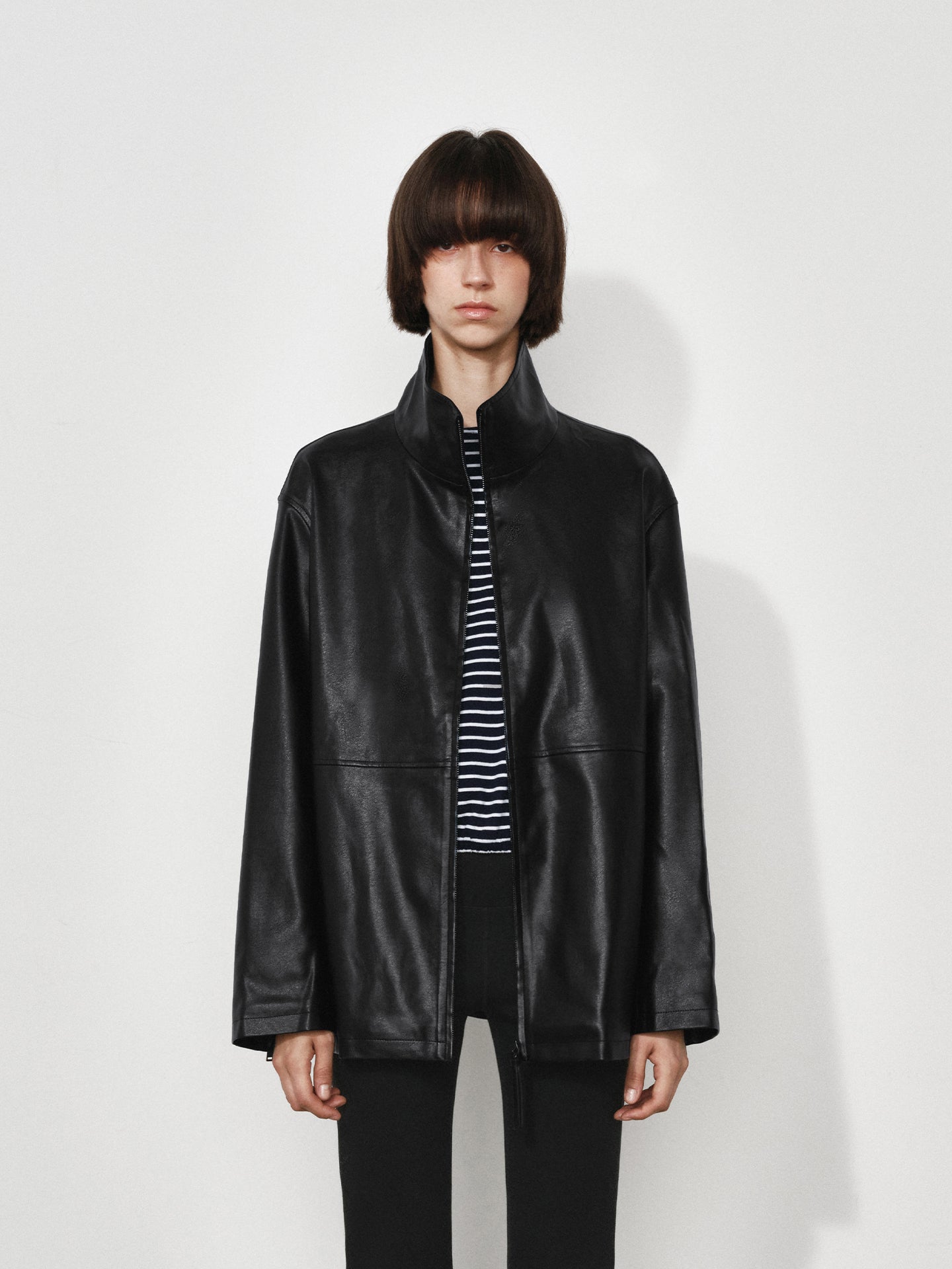 Loose Funnel-Neck Leather Jacket