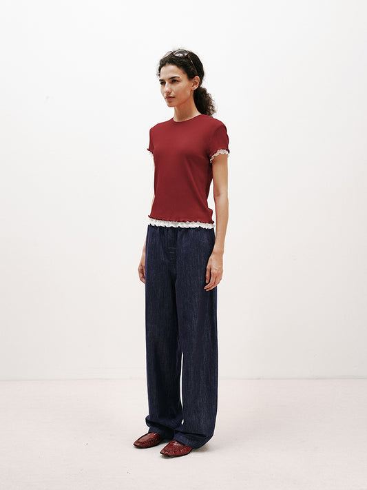 Double-Layer Contrast Wavy-Edge Short-Sleeve T-Shirt