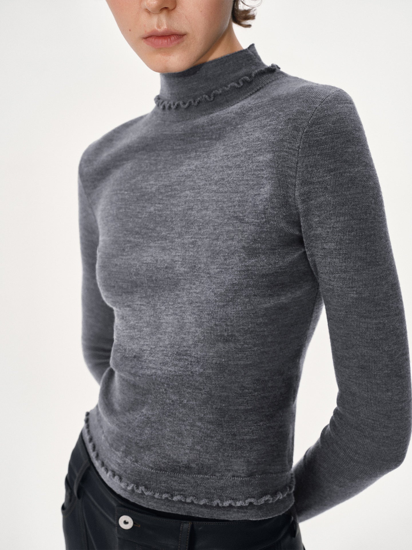 High-Neck Sweater with Ruffle Trim