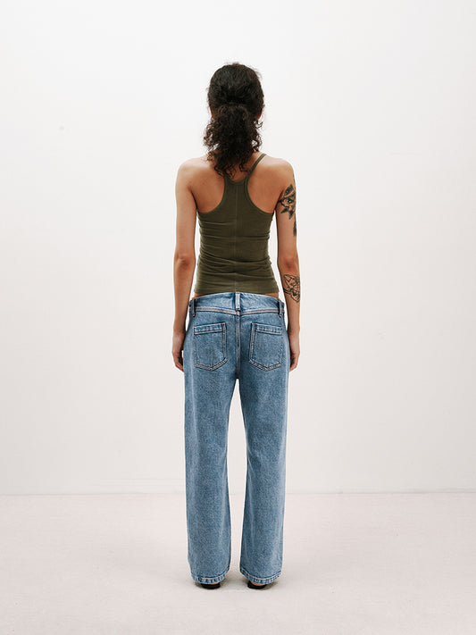 Light Blue Washed Contrast-Stitch Stretch Crop Jeans