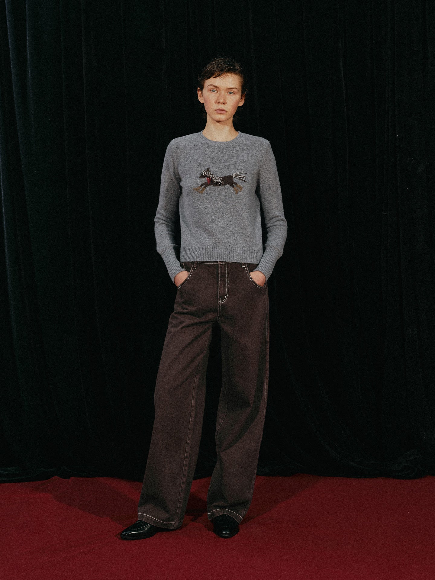 Pony Print Crewneck Sweater with Fringe