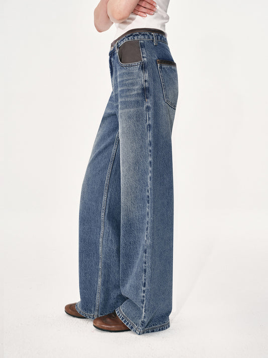 Wide-Leg Jeans with Leather Panels