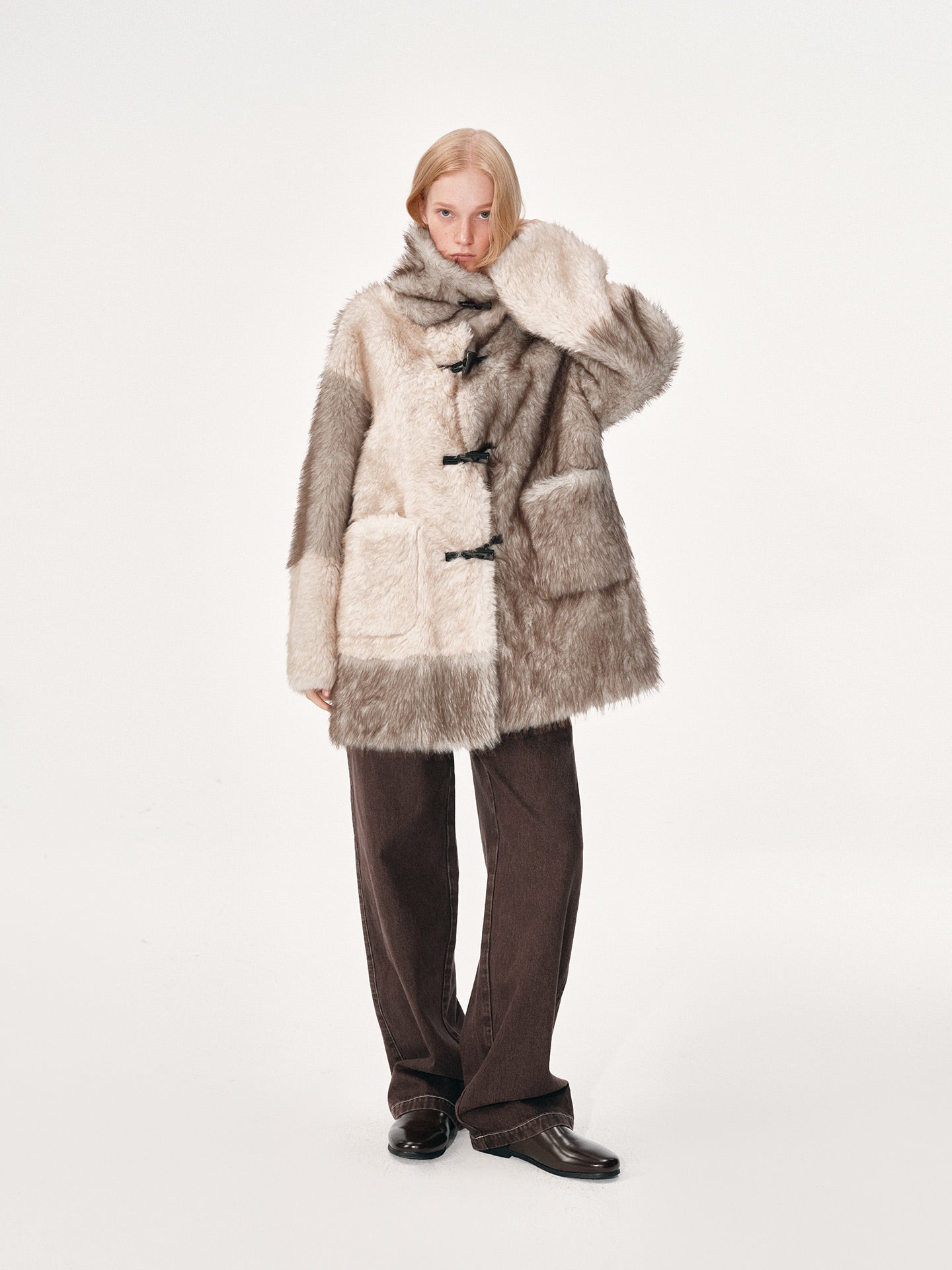 Mid-Length Color-Block Fur Coat