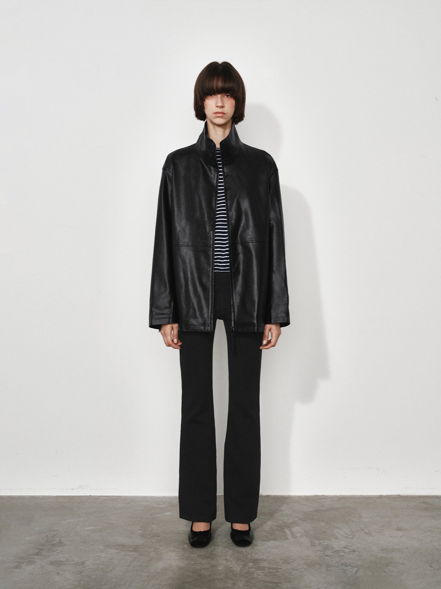 Loose Funnel-Neck Leather Jacket