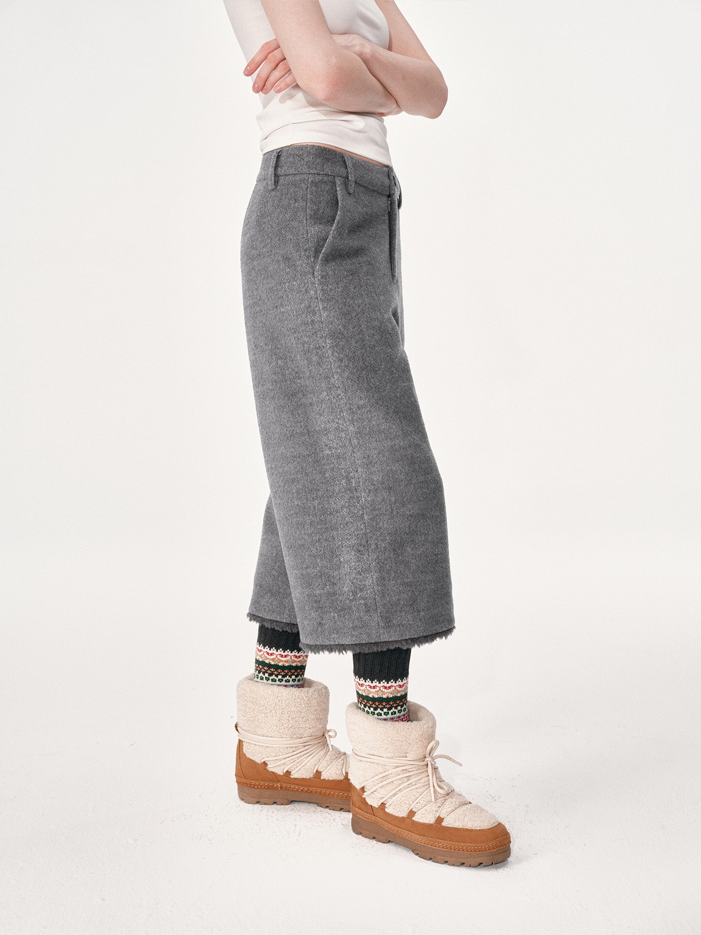 Fur-Paneled Woolen Cropped Trousers