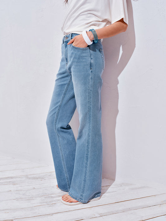 Ice blue washed stretch flare jeans