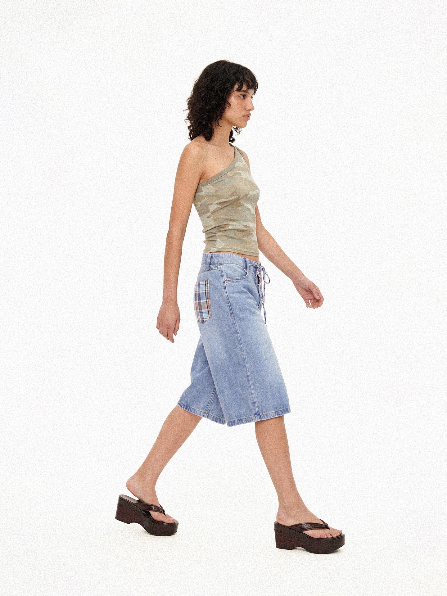 Plaid Panel Denim Knee-Length Shorts