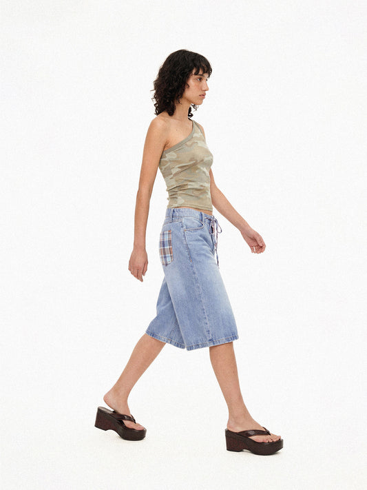Plaid Panel Denim Knee-Length Shorts