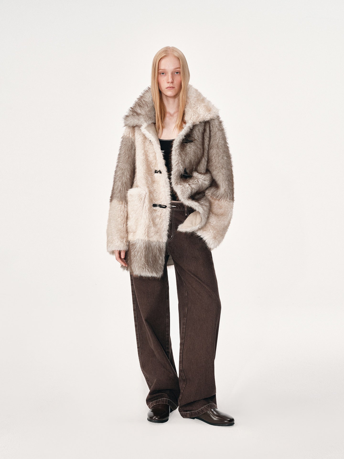 Mid-Length Color-Block Fur Coat
