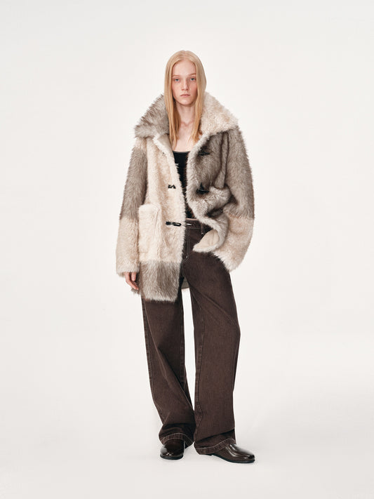 Mid-Length Color-Block Fur Coat