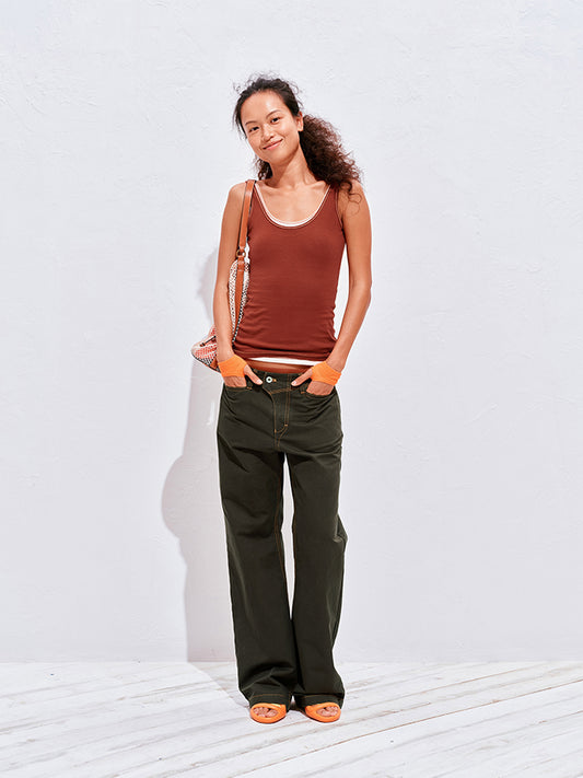 Contrast-Stitch Straight-Leg Pants