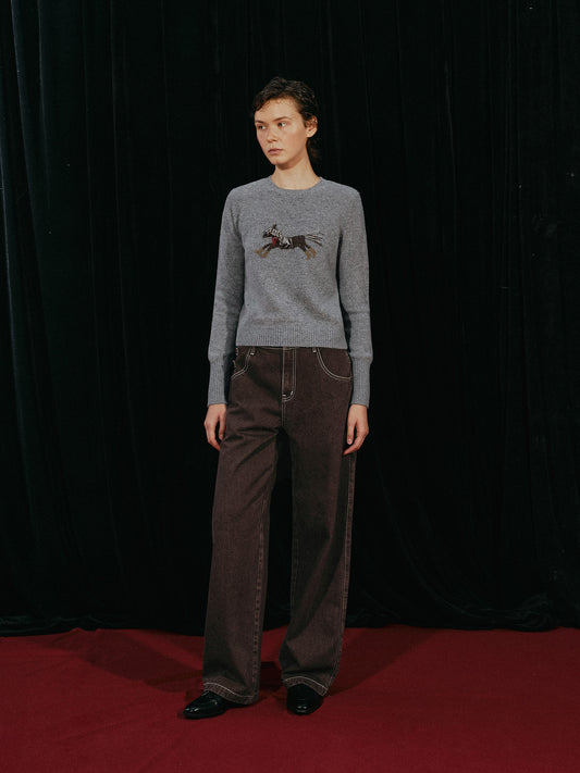 Pony Print Crewneck Sweater with Fringe