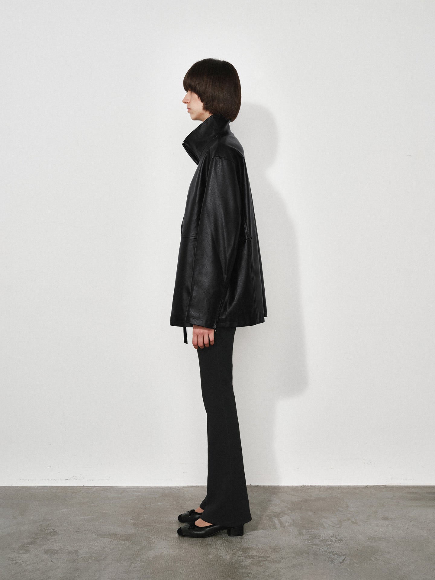 Loose Funnel-Neck Leather Jacket