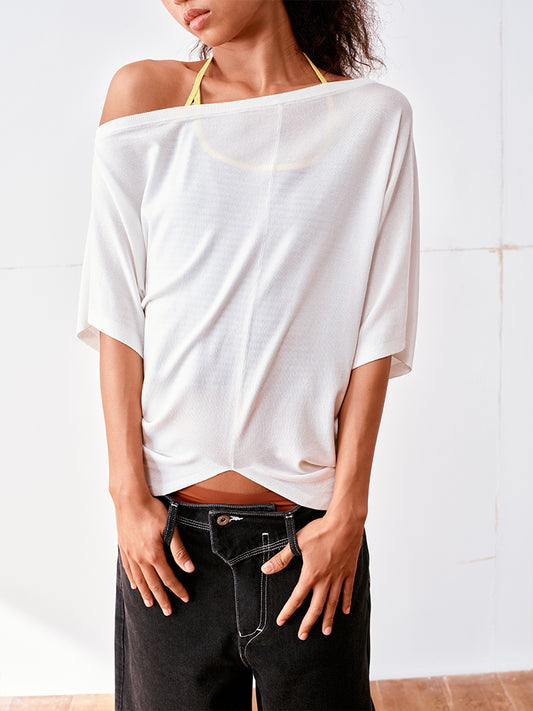 Asymmetric Semi-Sheer Batwing T-shirt