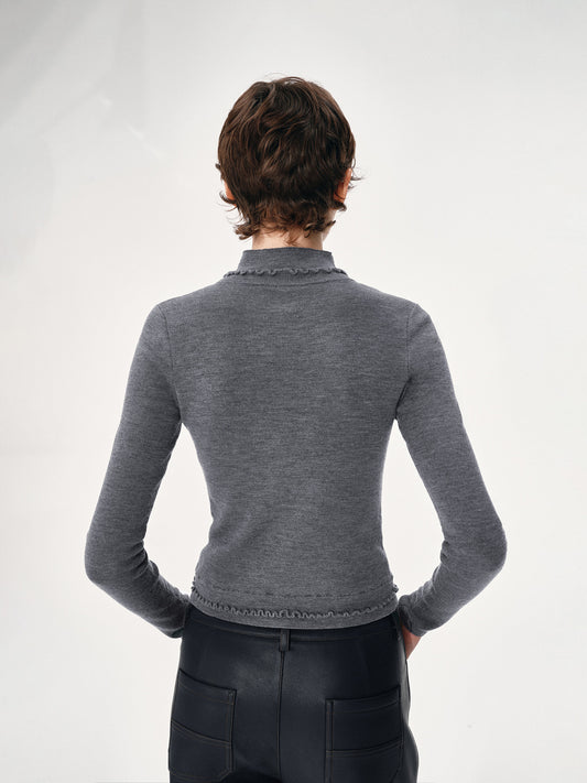 High-Neck Sweater with Ruffle Trim