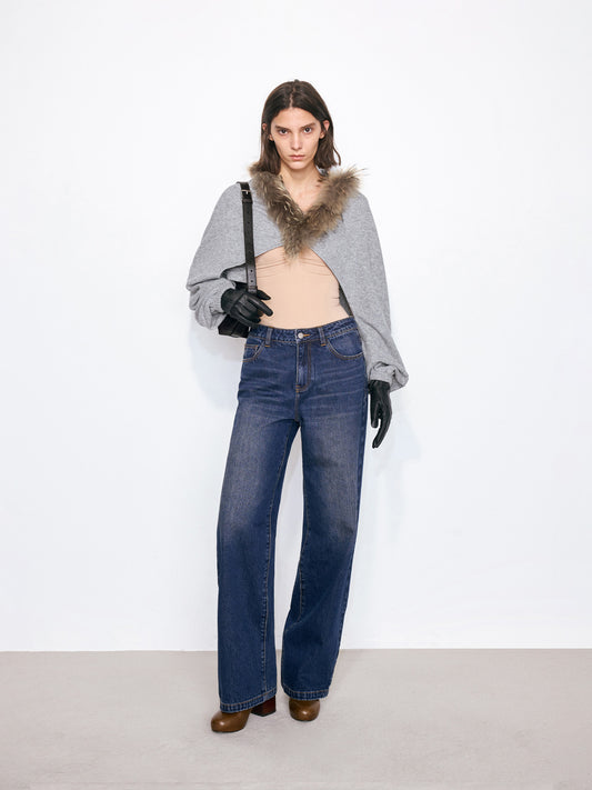 Detachable Real Fur Collar Shawl Coat