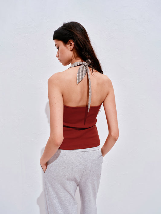 Checkered tie-back halter top