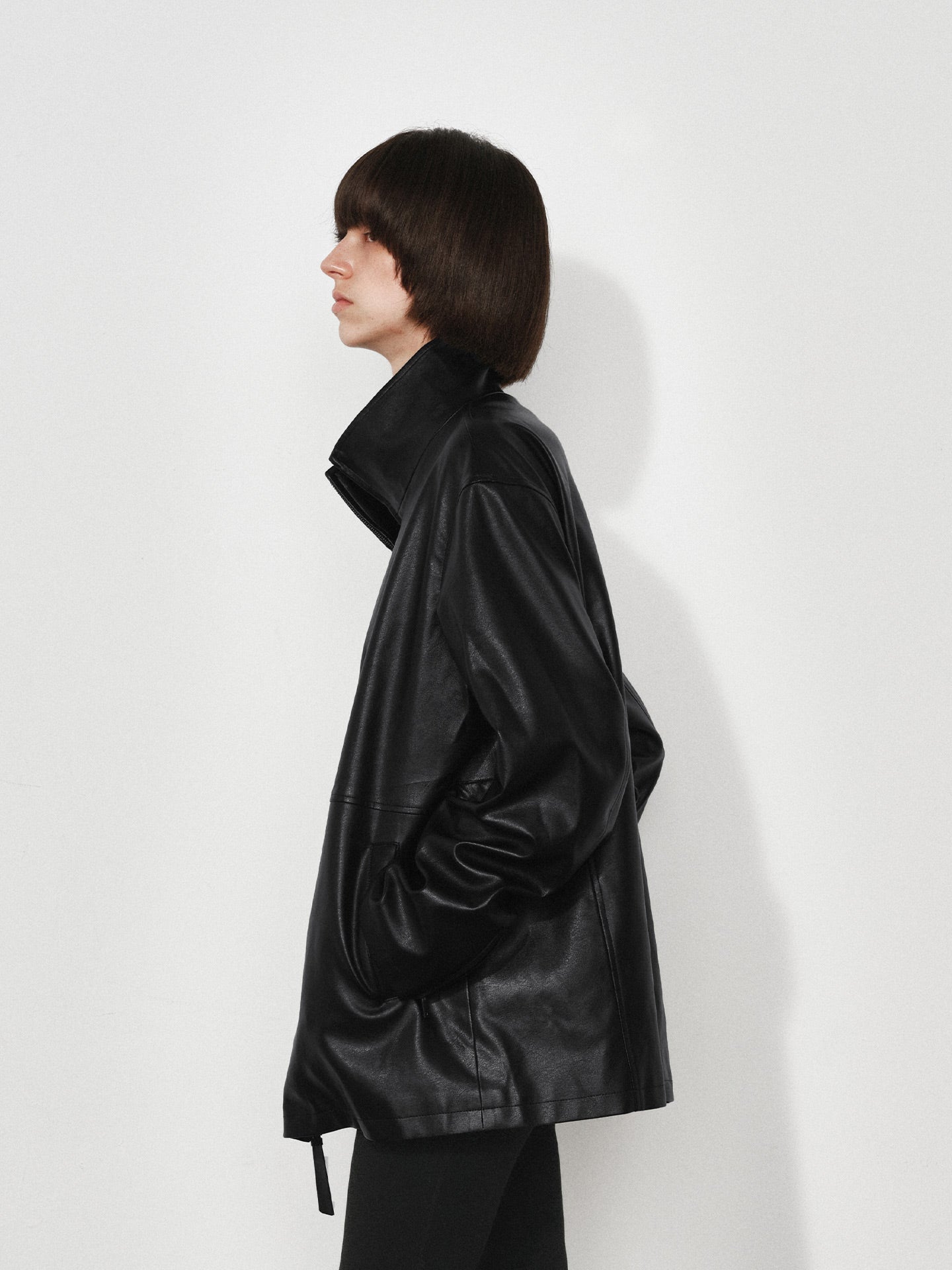 Loose Funnel-Neck Leather Jacket
