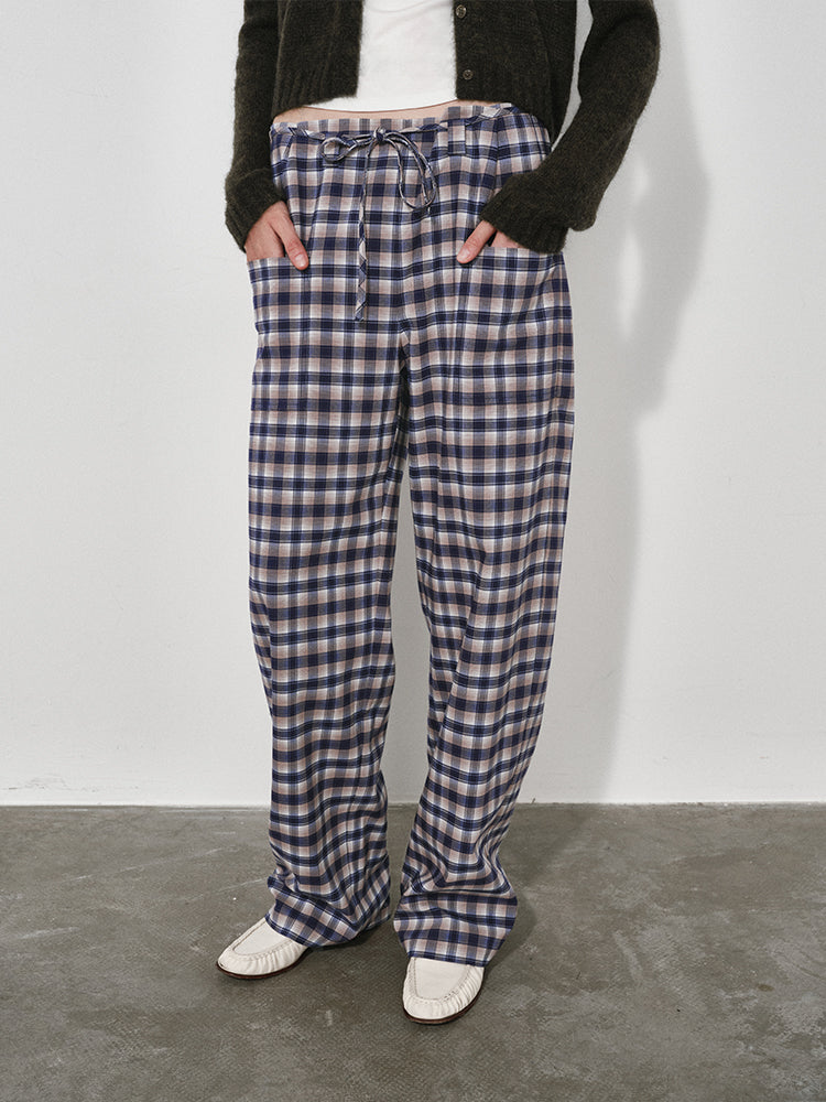 Plaid Tie-Waist Relaxed-Fit Trousers