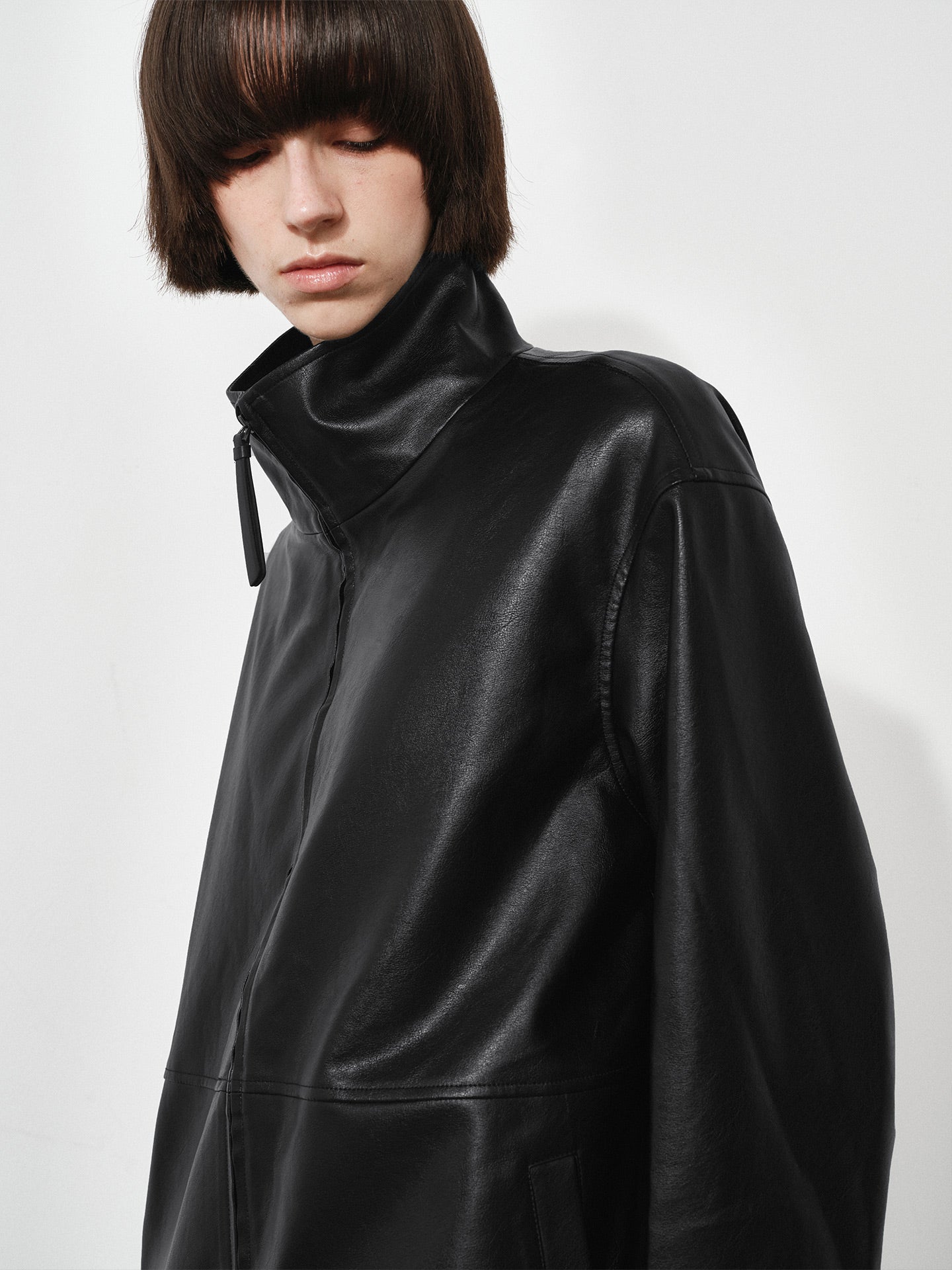 Loose Funnel-Neck Leather Jacket
