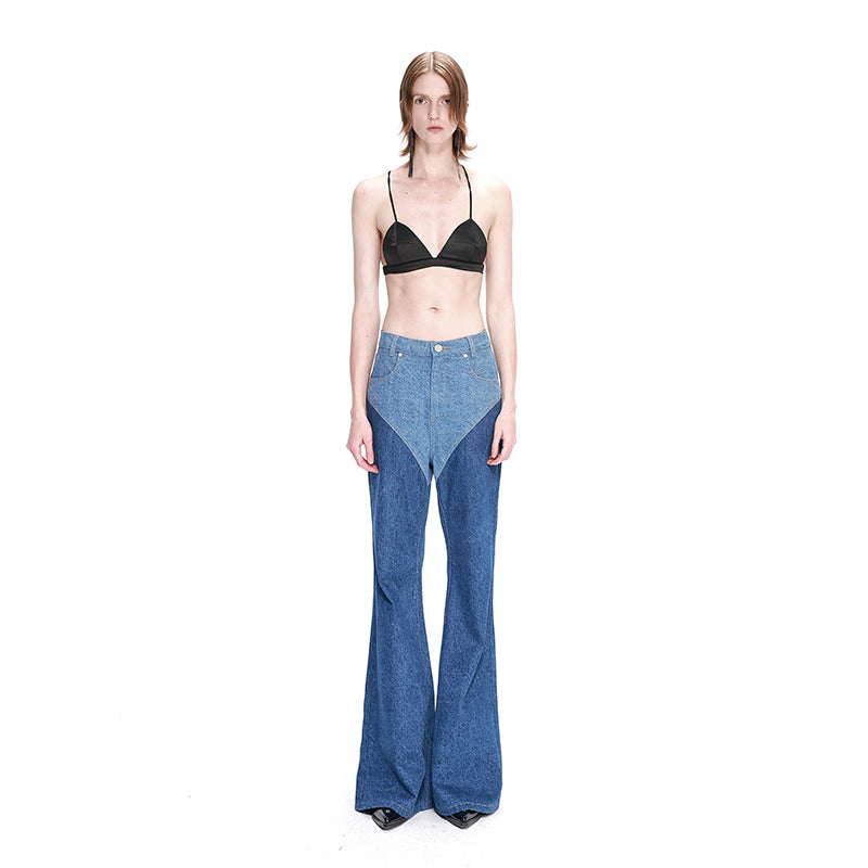 NUTH Vintage Style Colour Stitching Washed flared Jeans Pants