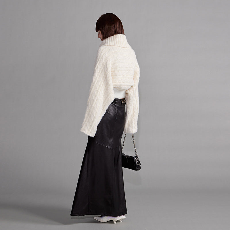 NUTH “Black Pansy” Split Line Design Fishtail Leather Skirt
