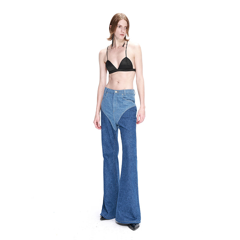 NUTH Vintage Style Colour Stitching Washed flared Jeans Pants
